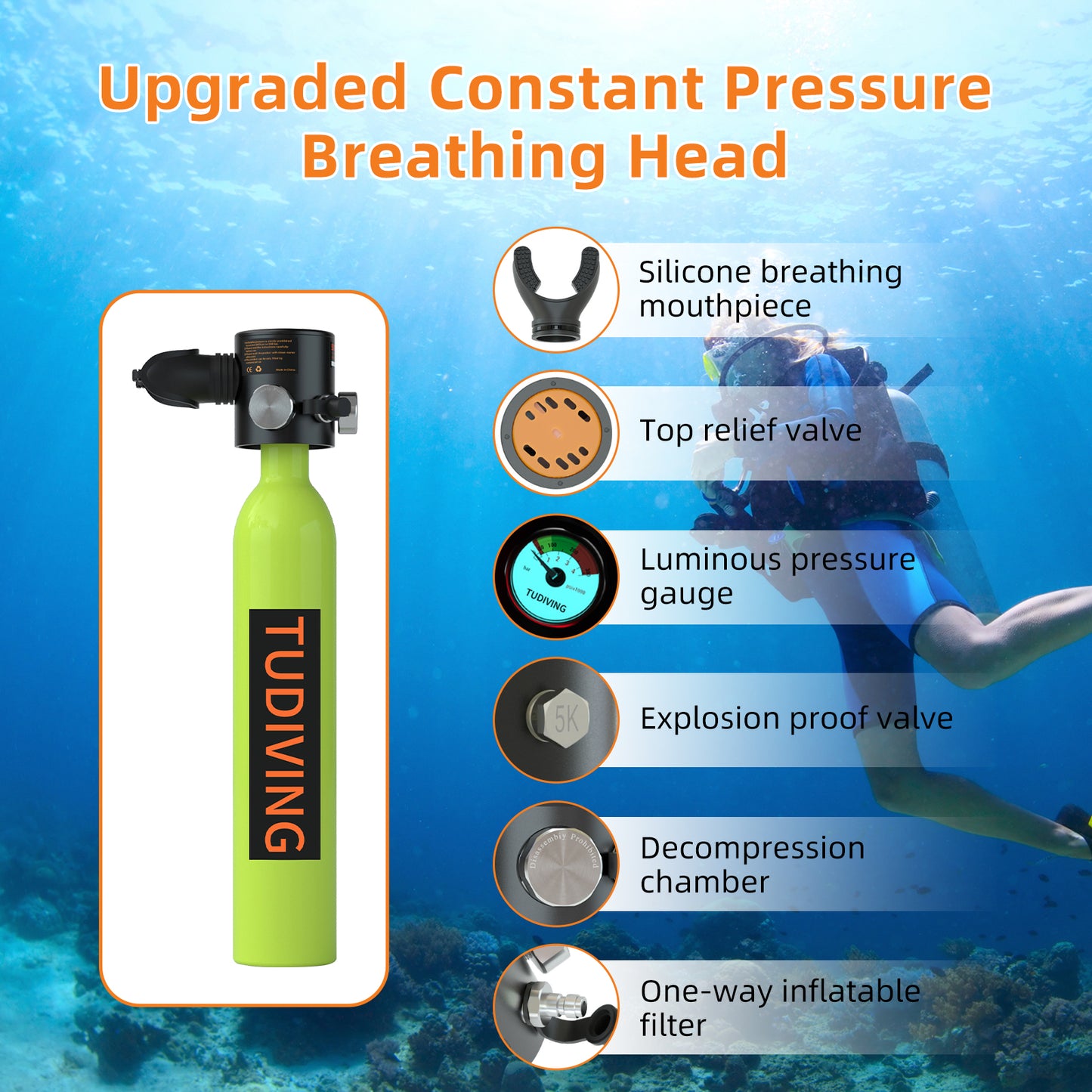 TUDIVING-0.5L Scuba Diving Tank Set,Mini Oxygen Cylinder with Full Face Snorkel Mask,Portable Travel Diving Kit for Underwater Diving Breathing Training/Rescue