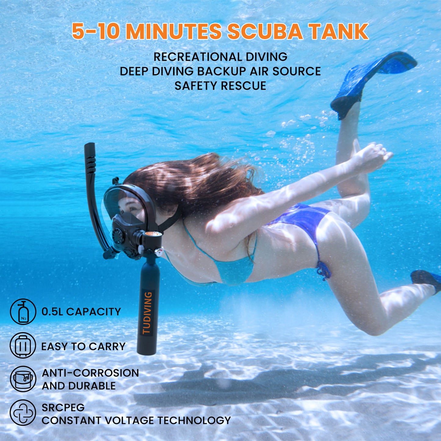 TUDIVING-0.5L Scuba Diving Tank Set,Mini Oxygen Cylinder with Full Face Snorkel Mask,Portable Travel Diving Kit for Underwater Diving Breathing Training/Rescue